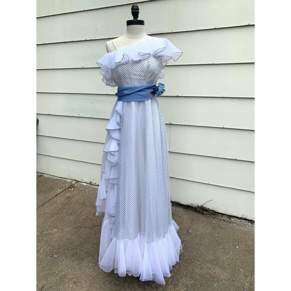 Vintage 70s Blue White Swiss Dot Ruffle One Shoulder Prom Dress Southern Belle - Picture 7 of 7